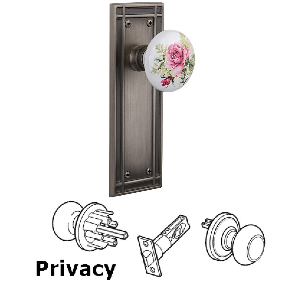Privacy Mission Plate with White Rose Porcelain Knob in Antique Pewter