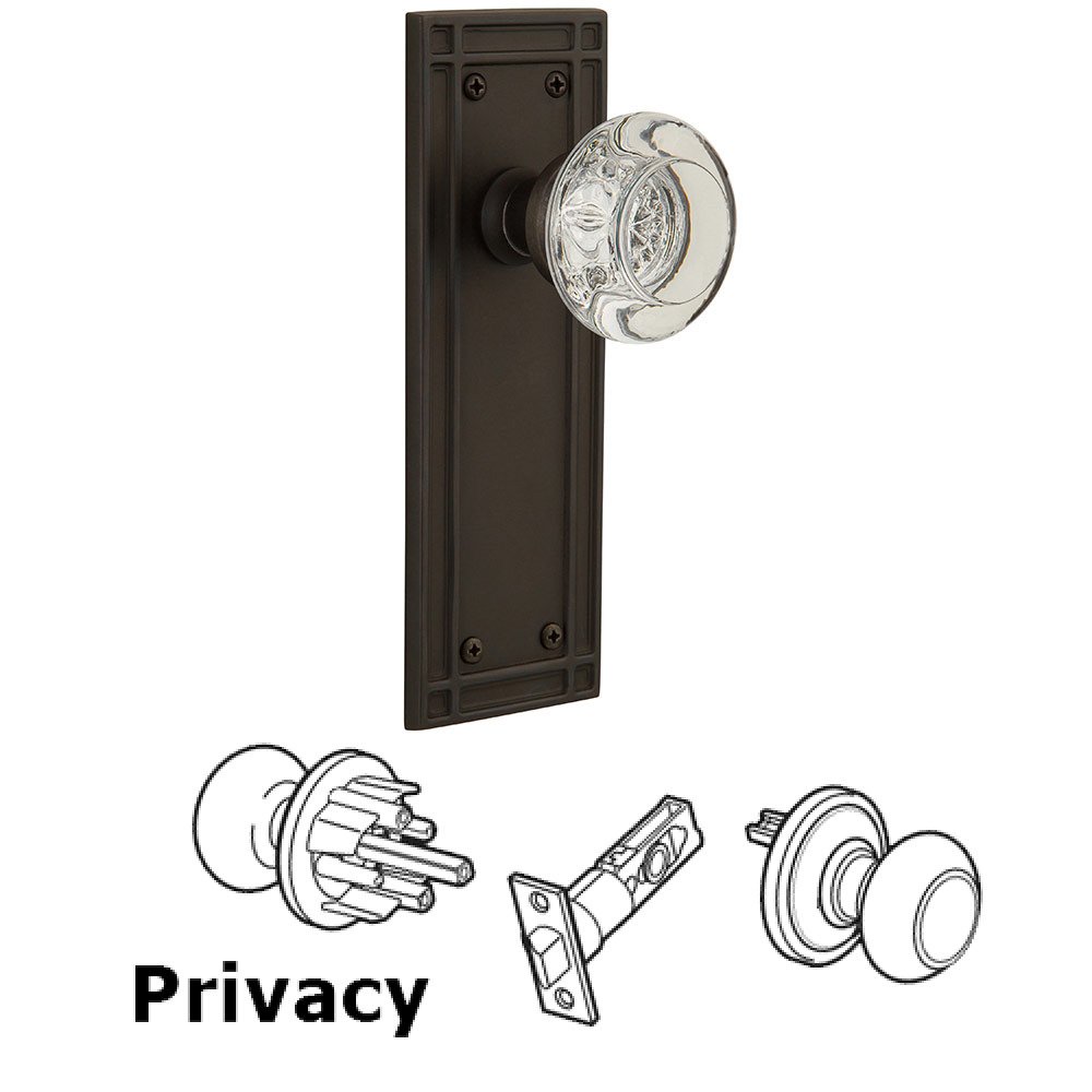 Privacy Mission Plate with Round Clear Crystal Glass Door Knob in Oil-Rubbed Bronze