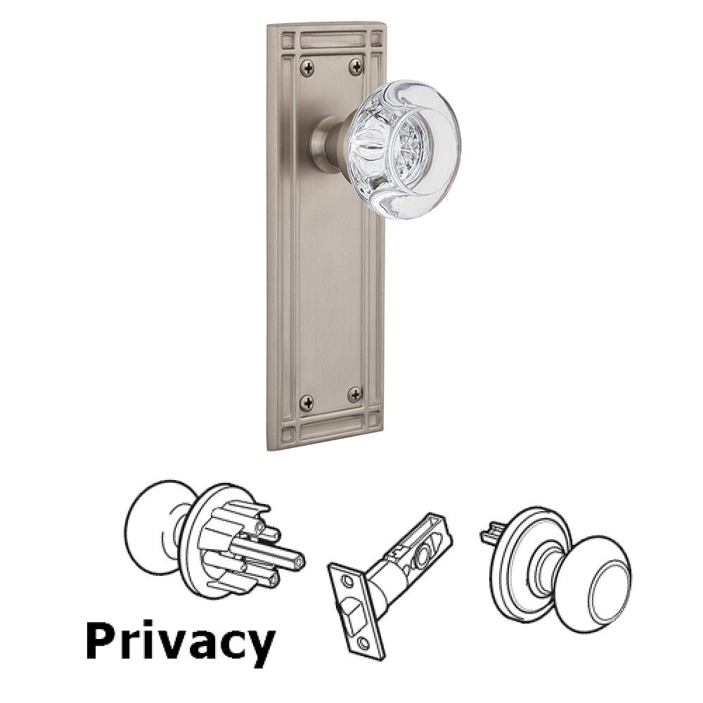 Privacy Mission Plate with Round Clear Crystal Glass Door Knob in Satin Nickel