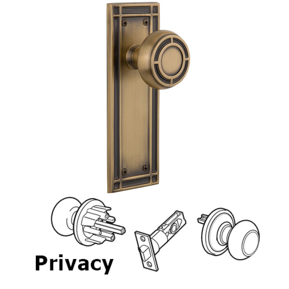 Privacy Mission Plate with Mission Door Knob in Antique Brass
