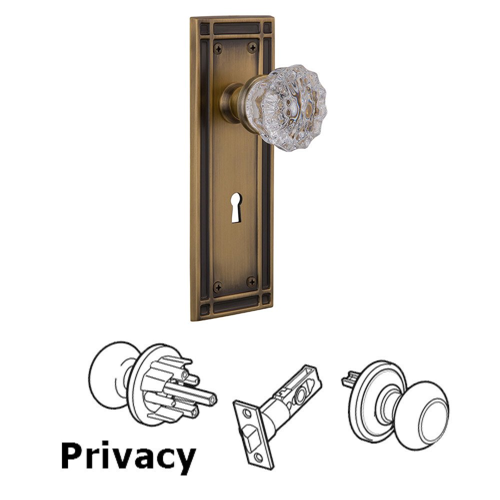 Privacy Mission Plate with Crystal Knob and Keyhole in Antique Brass