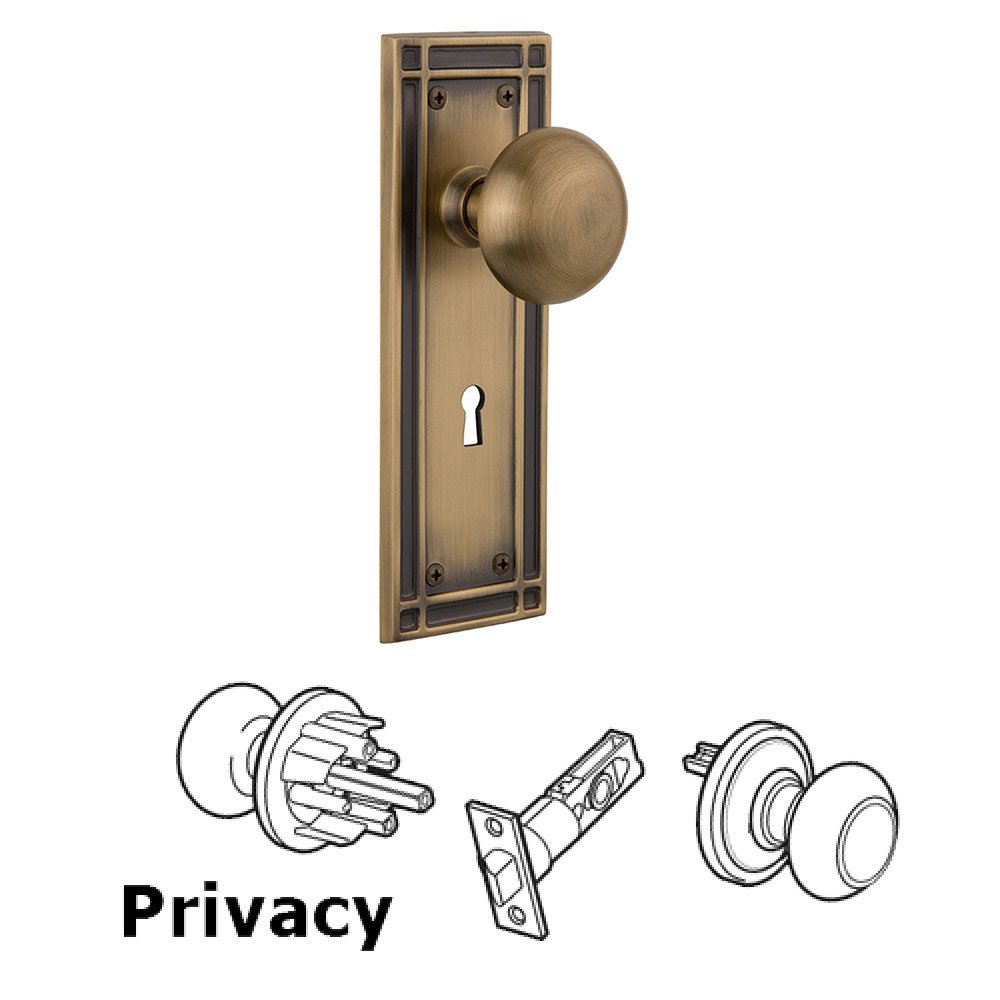 Privacy Mission Plate with Keyhole and New York Door Knob in Antique Brass