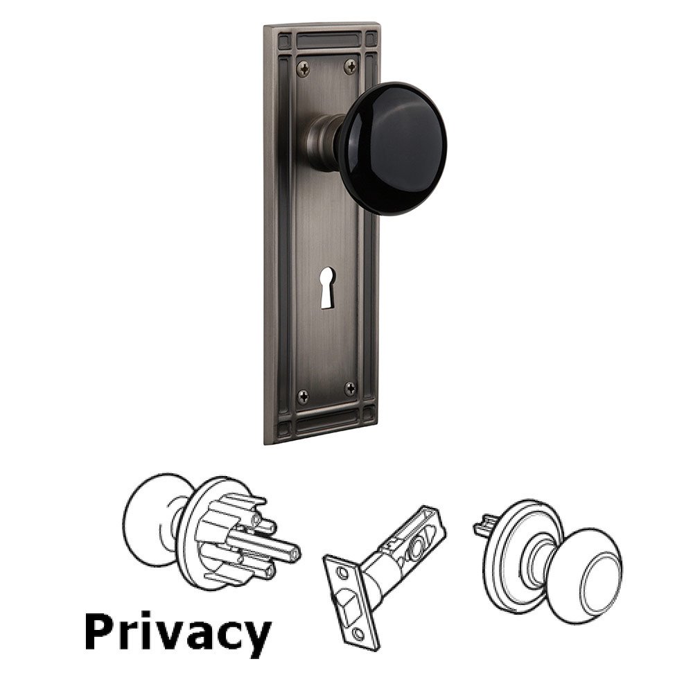 Privacy Mission Plate with Keyhole and Black Porcelain Door Knob in Antique Pewter