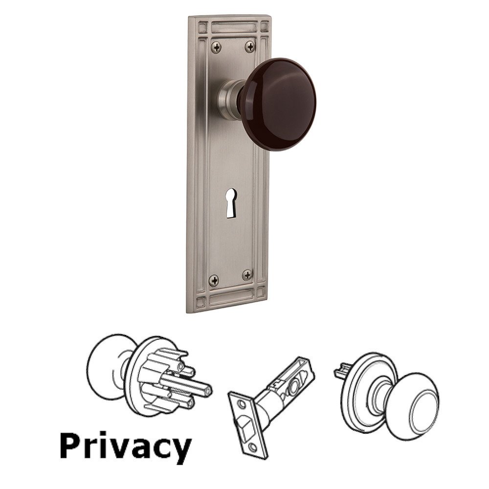 Privacy Mission Plate with Brown Porcelain Knob and Keyhole in Satin Nickel