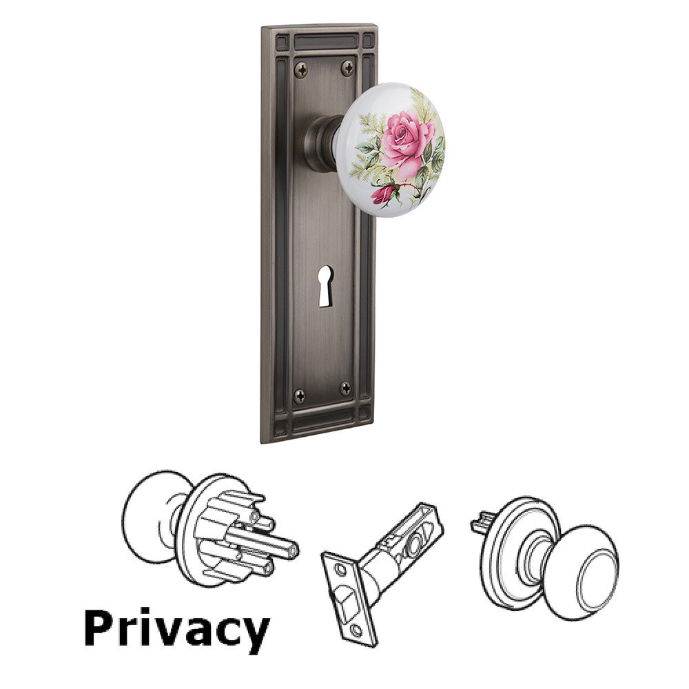 Privacy Mission Plate with White Rose Porcelain Knob and Keyhole in Antique Pewter