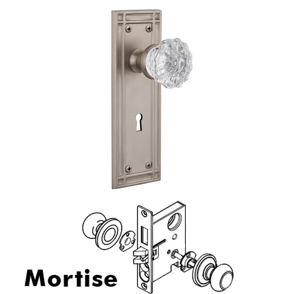 Mortise Mission Plate with Crystal Knob and Keyhole in Satin Nickel