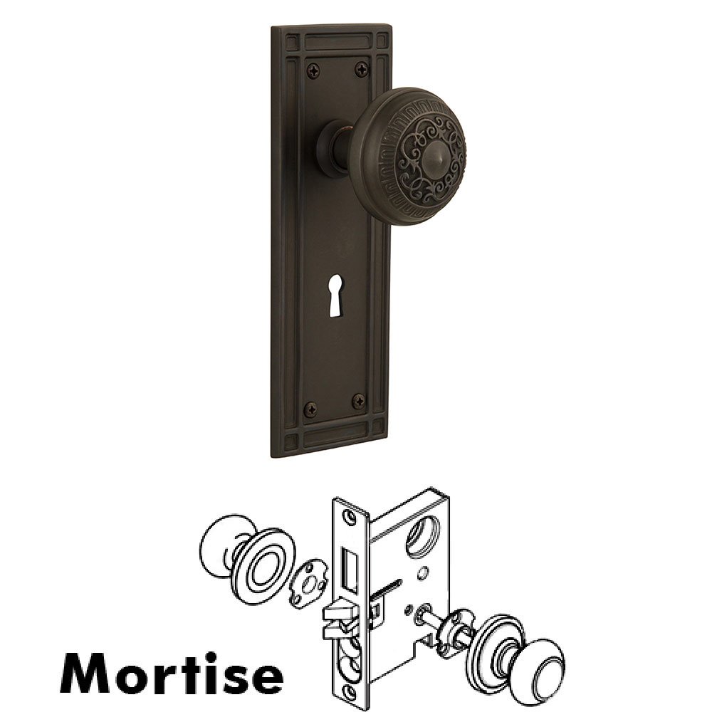 Mortise Mission Plate with Egg and Dart Knob and Keyhole in Oil Rubbed Bronze