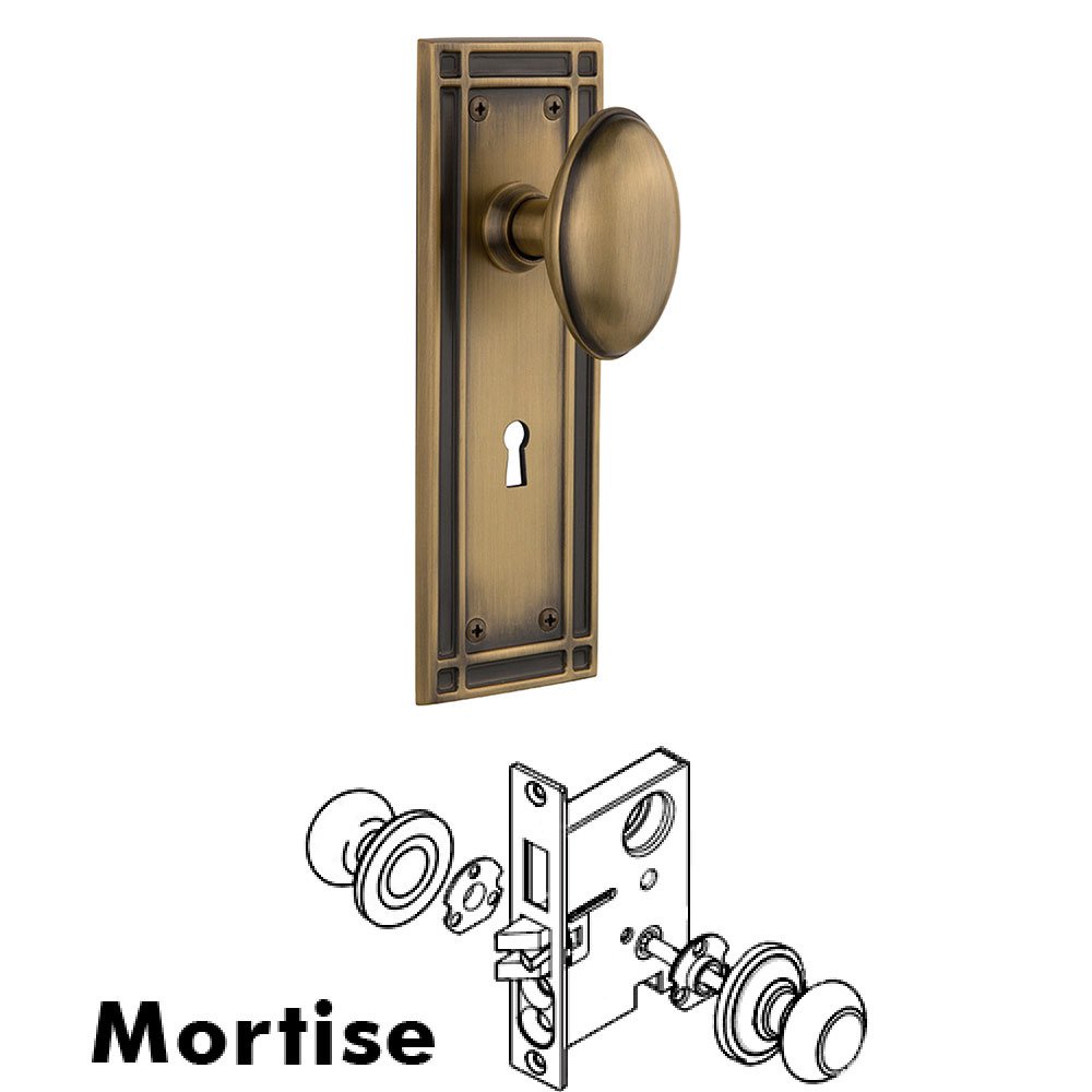 Mortise Mission Plate with Homestead Knob and Keyhole in Antique Brass