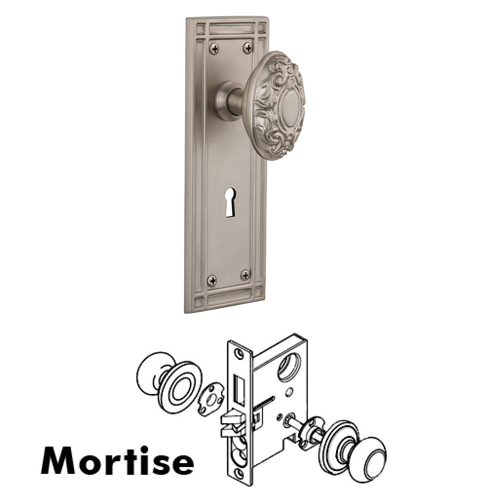 Mortise Mission Plate with Victorian Knob and Keyhole in Satin Nickel