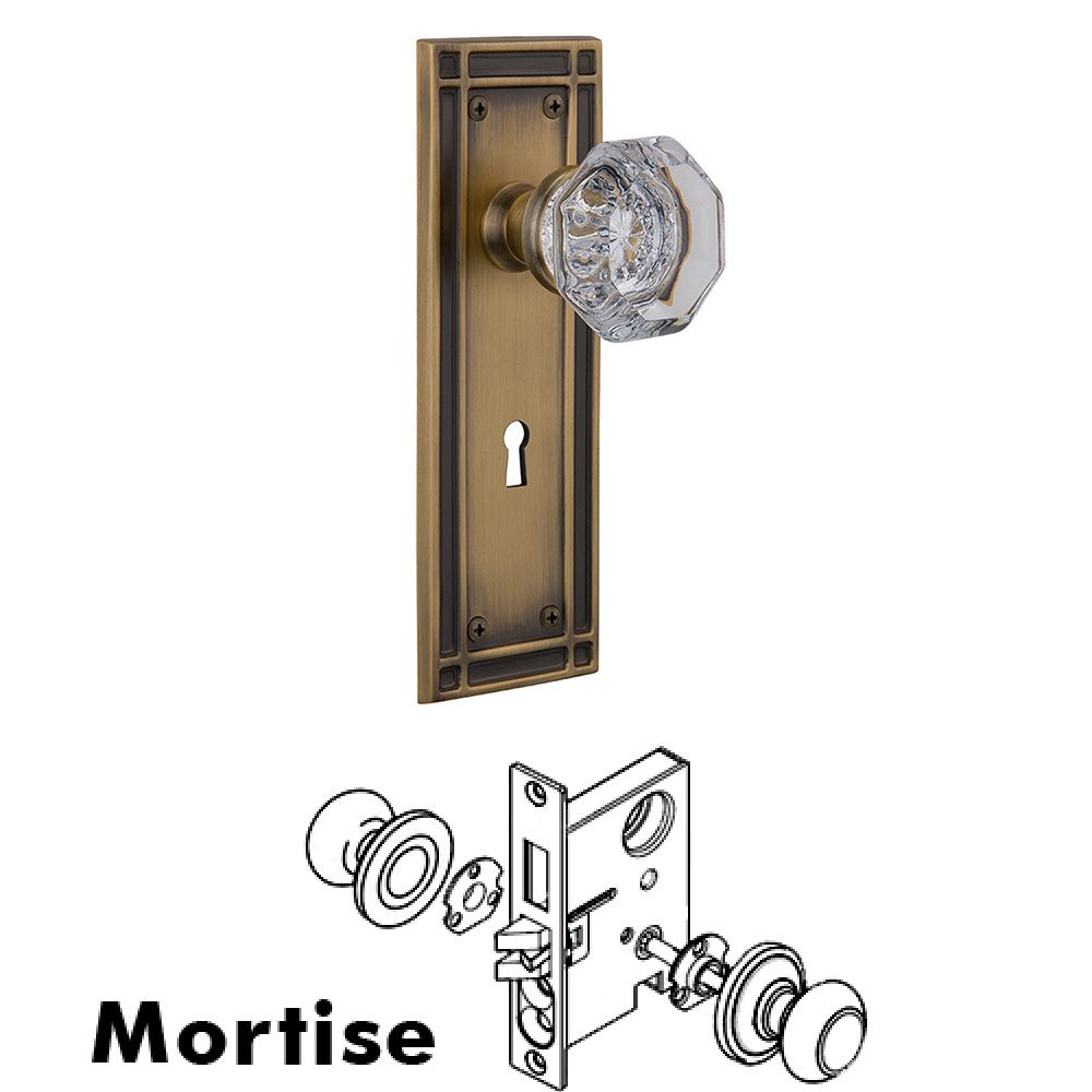 Mortise Mission Plate with Waldorf Knob and Keyhole in Antique Brass
