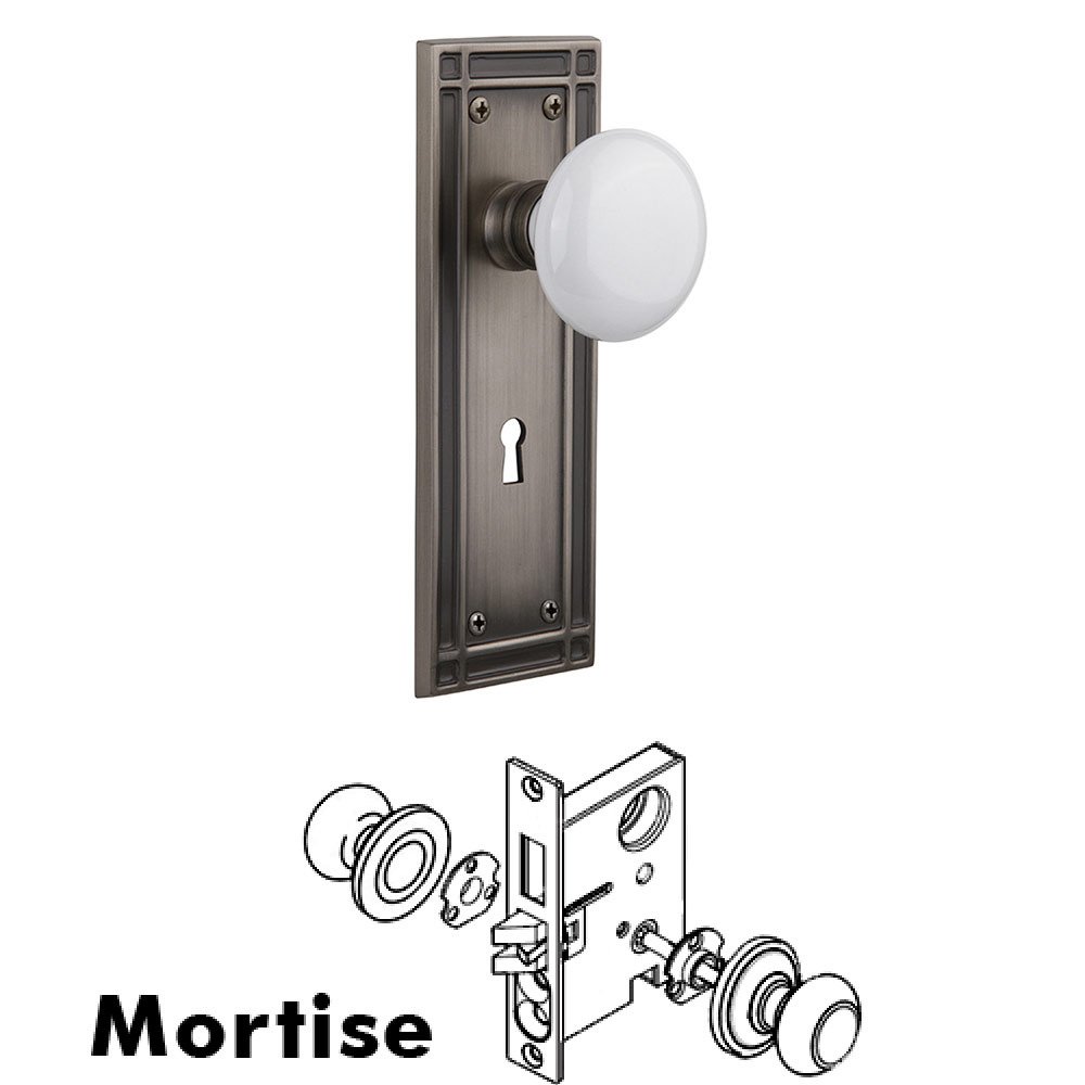 Mortise Mission Plate with White Porcelain Knob and Keyhole in Antique Pewter