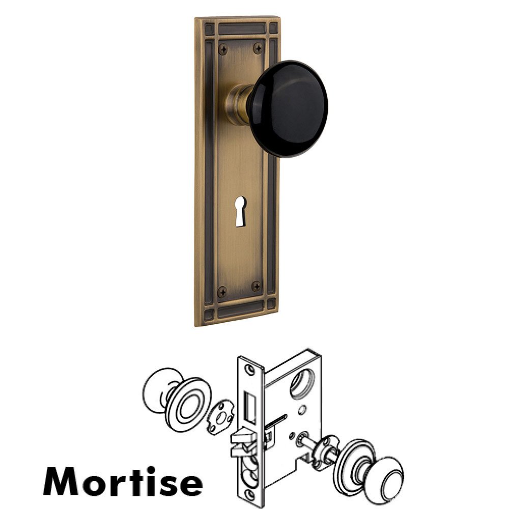 Mortise Mission Plate with Black Porcelain Knob and Keyhole in Antique Brass