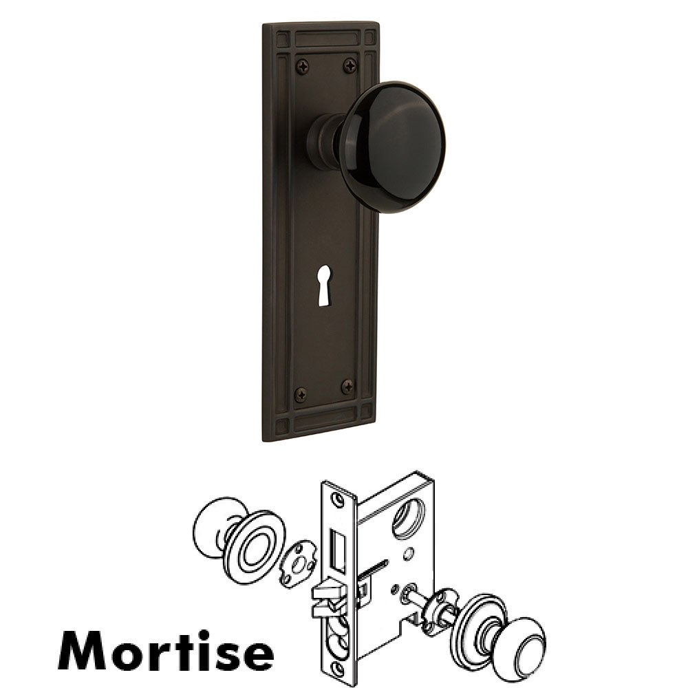 Mortise Mission Plate with Black Porcelain Knob and Keyhole in Oil Rubbed Bronze