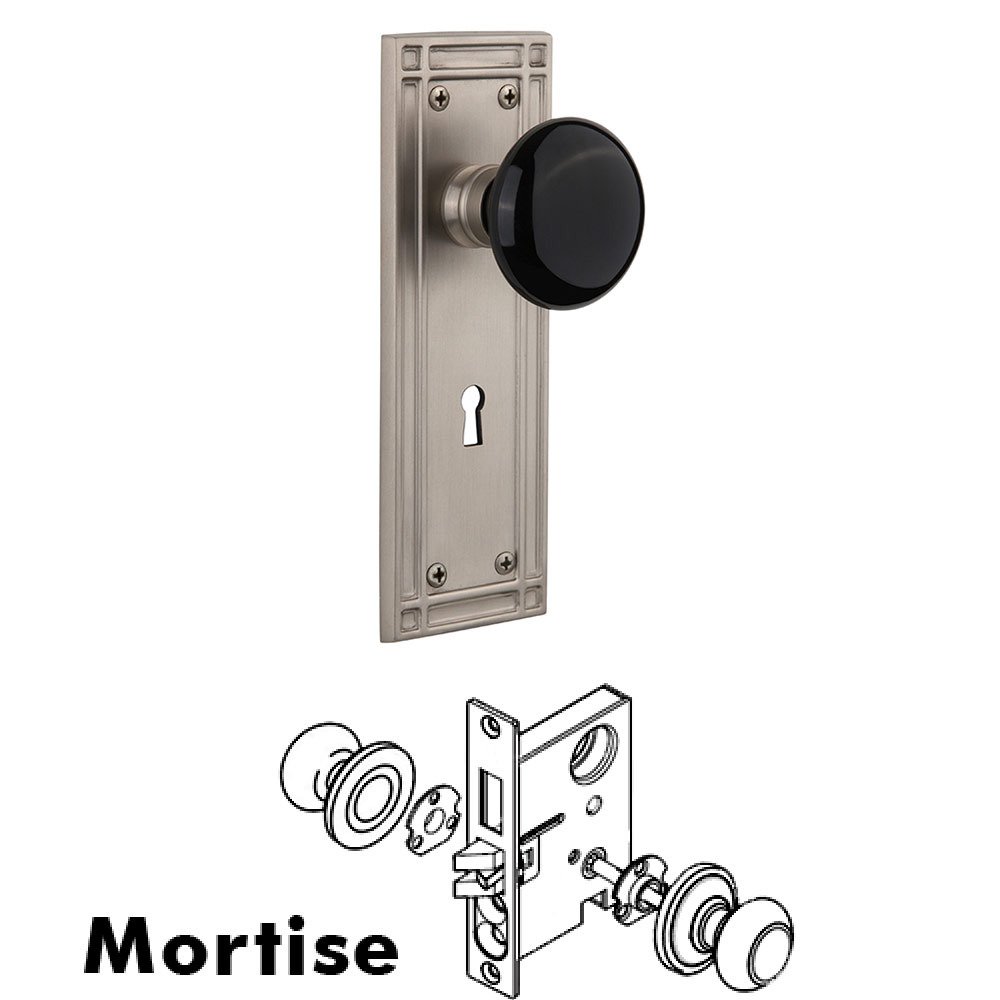 Mortise Mission Plate with Black Porcelain Knob and Keyhole in Satin Nickel