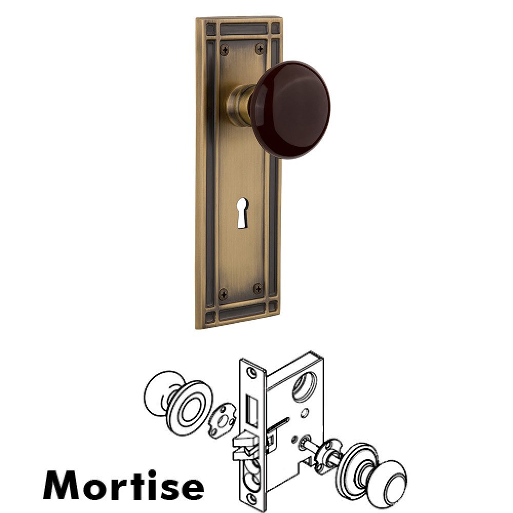 Mortise Mission Plate with Brown Porcelain Knob and Keyhole in Antique Brass