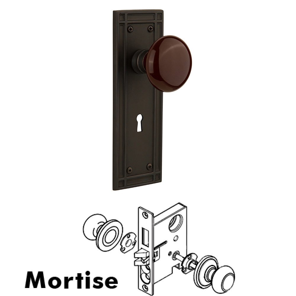 Mortise Mission Plate with Brown Porcelain Knob and Keyhole in Oil Rubbed Bronze