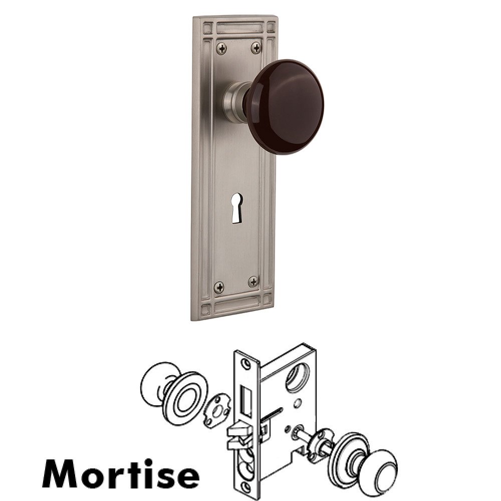 Mortise Mission Plate with Brown Porcelain Knob and Keyhole in Satin Nickel