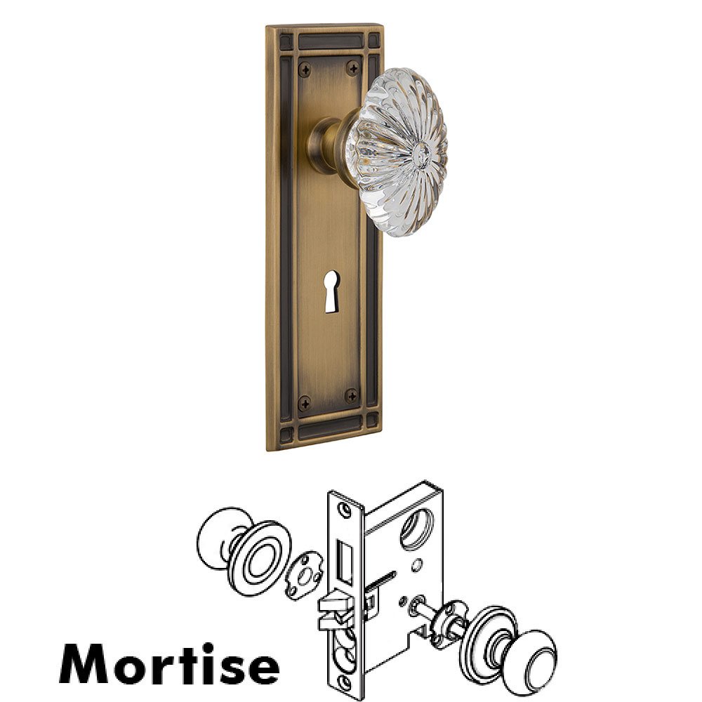 Mortise Mission Plate with Oval Fluted Crystal Knob and Keyhole in Antique Brass
