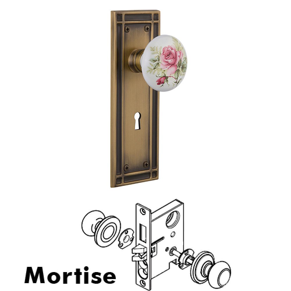 Mortise Mission Plate with White Rose Porcelain Knob and Keyhole in Antique Brass