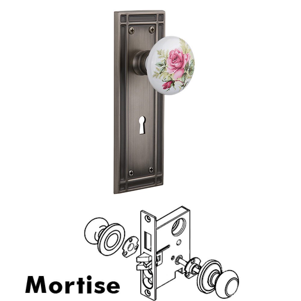 Mortise Mission Plate with White Rose Porcelain Knob and Keyhole in Antique Pewter