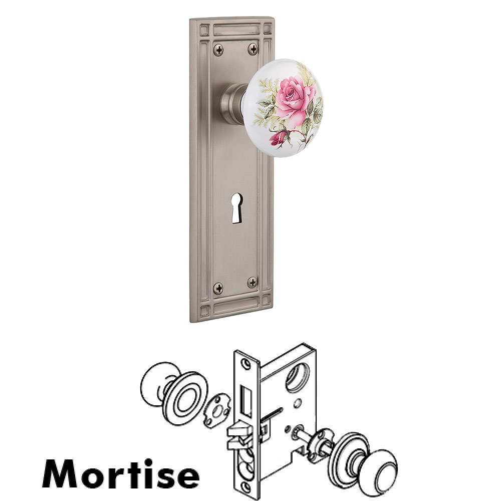 Mortise Mission Plate with White Rose Porcelain Knob and Keyhole in Satin Nickel