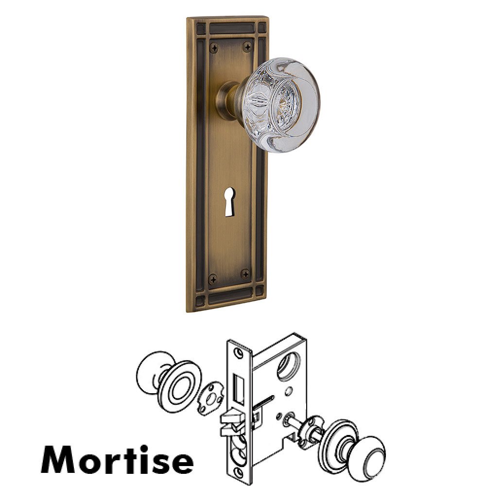 Mortise Mission Plate with Round Clear Crystal Knob and Keyhole in Antique Brass