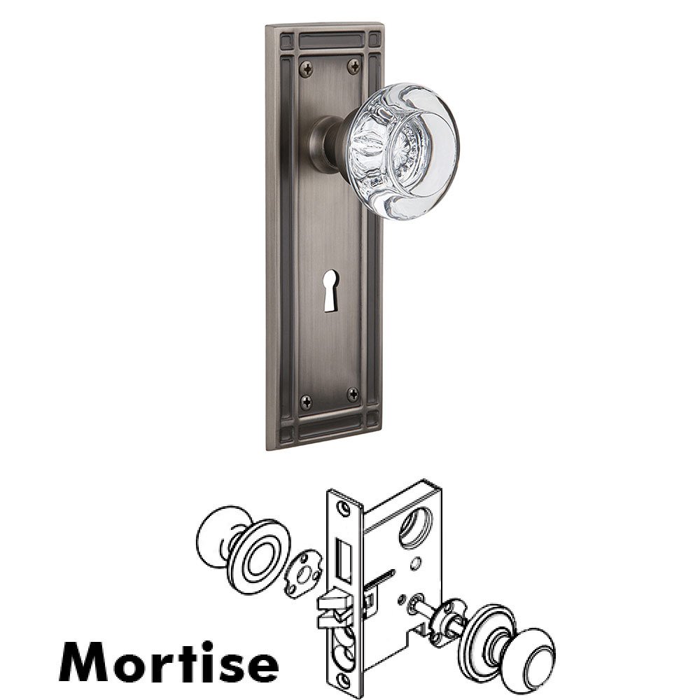 Mortise Mission Plate with Round Clear Crystal Knob and Keyhole in Antique Pewter