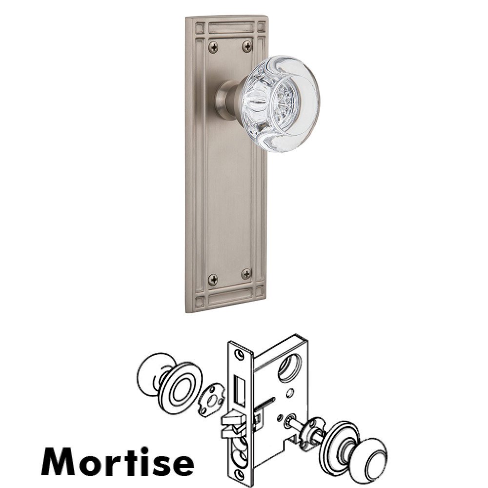 Mortise Mission Plate with Round Clear Crystal Knob and Keyhole in Satin Nickel