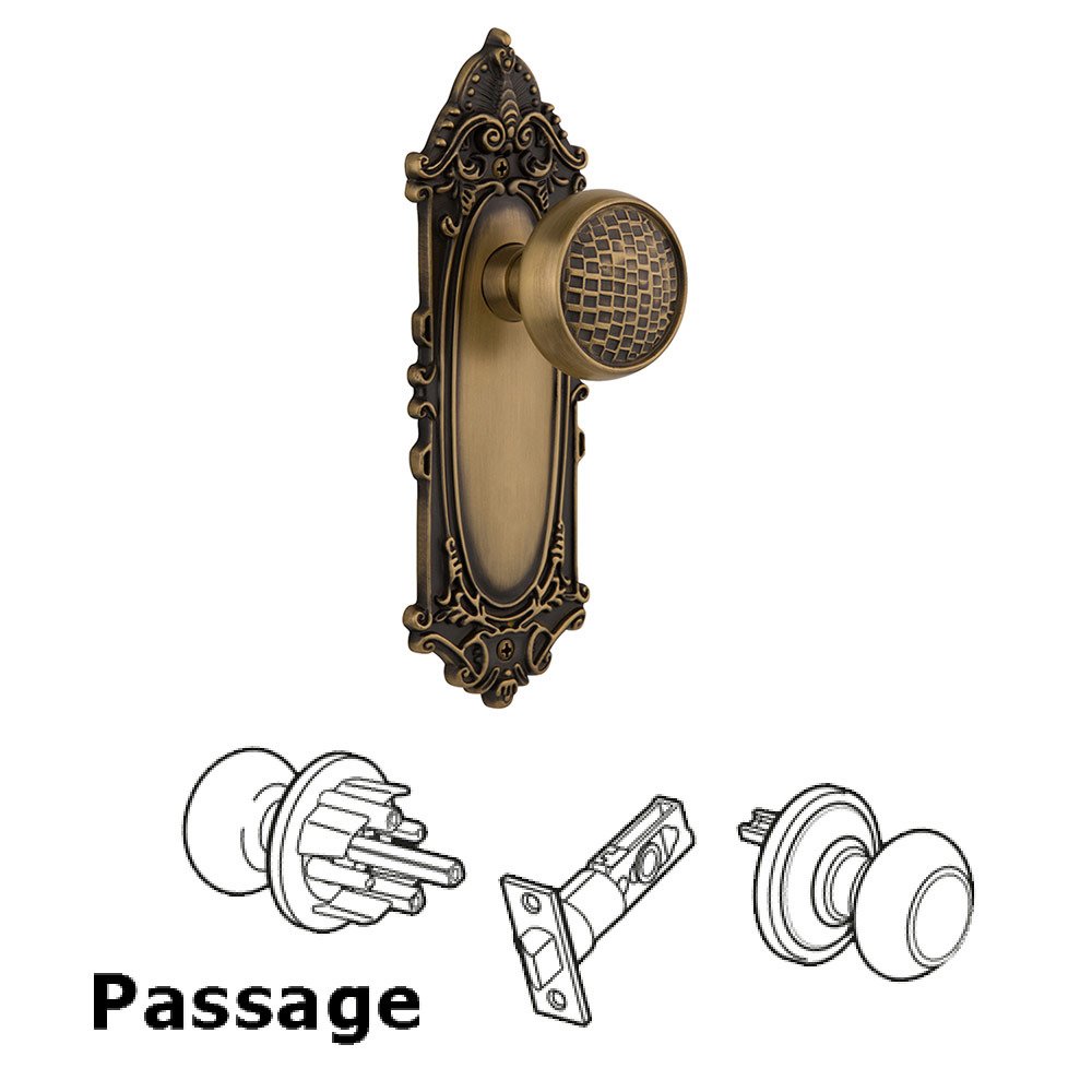Passage Victorian Plate with Craftsman Door Knob in Antique Brass