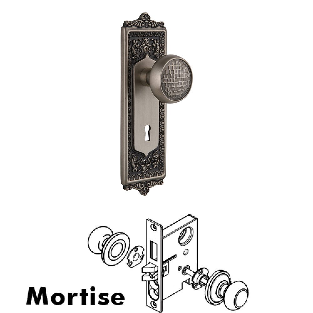 Mortise Egg and Dart Plate with Craftsman Knob and Keyhole in Antique Pewter