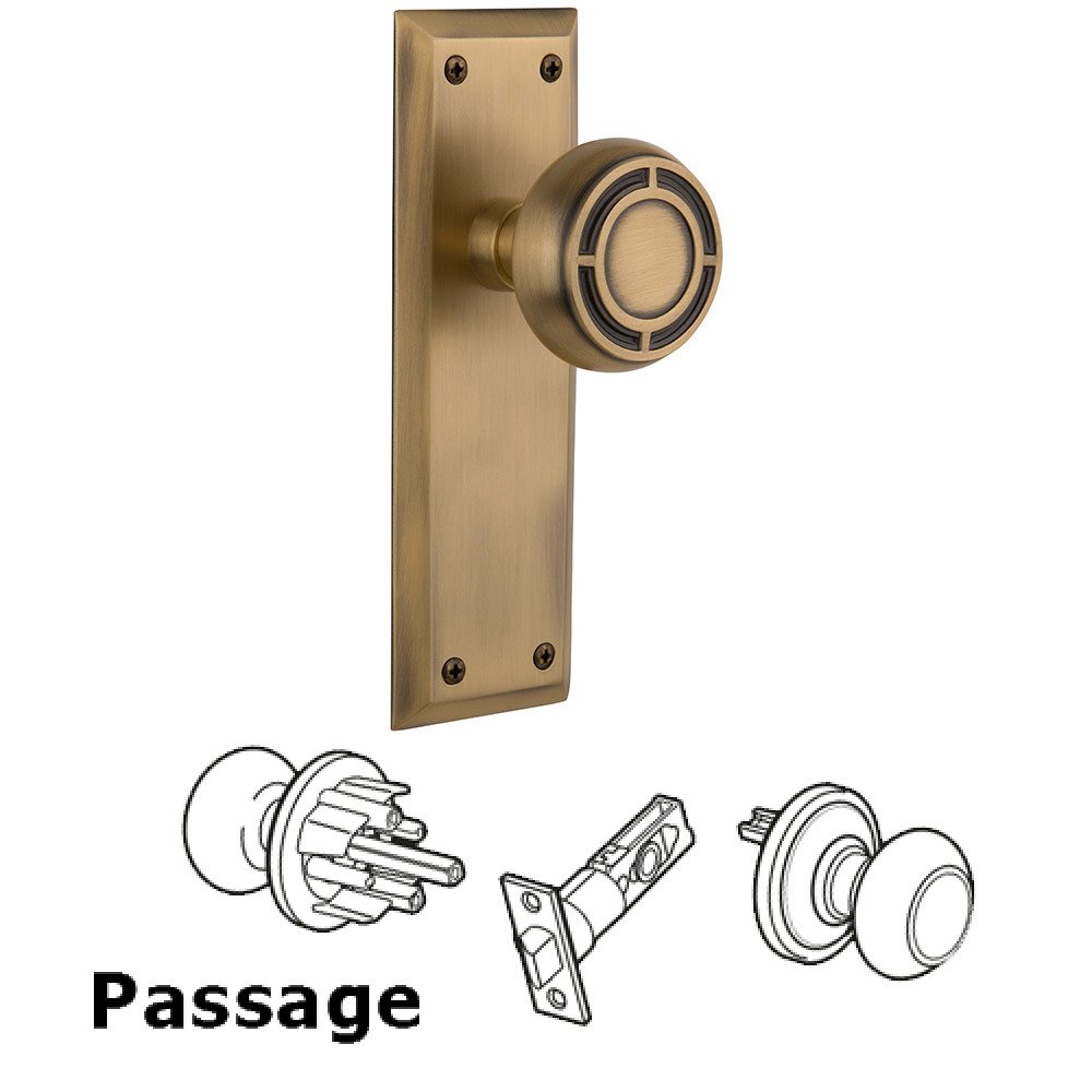Passage New York Plate with Mission Door Knob in Antique Brass