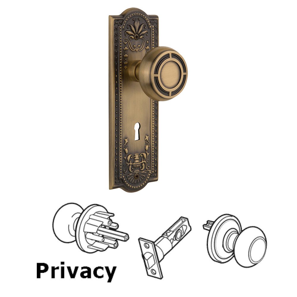 Privacy Meadows Plate with Mission Knob and Keyhole in Antique Brass