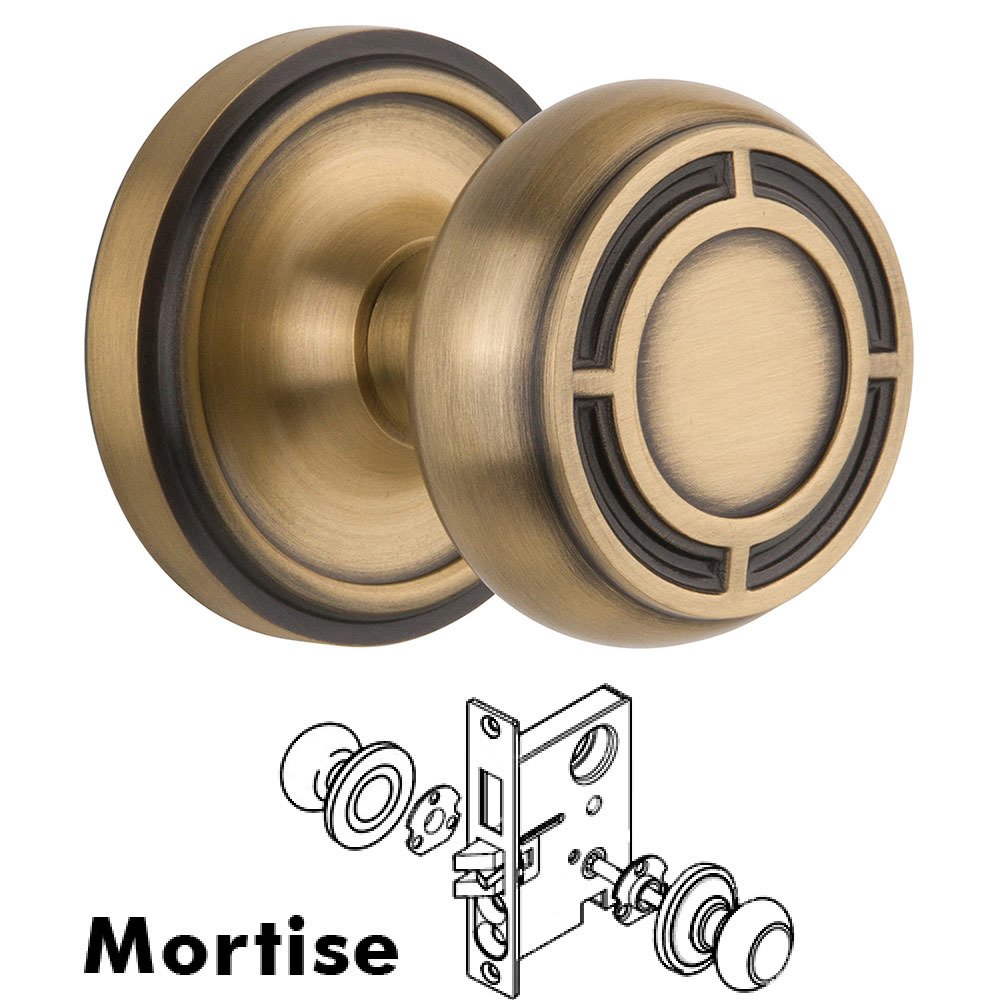 Mortise Classic Rosette with Mission Knob and Keyhole in Antique Brass