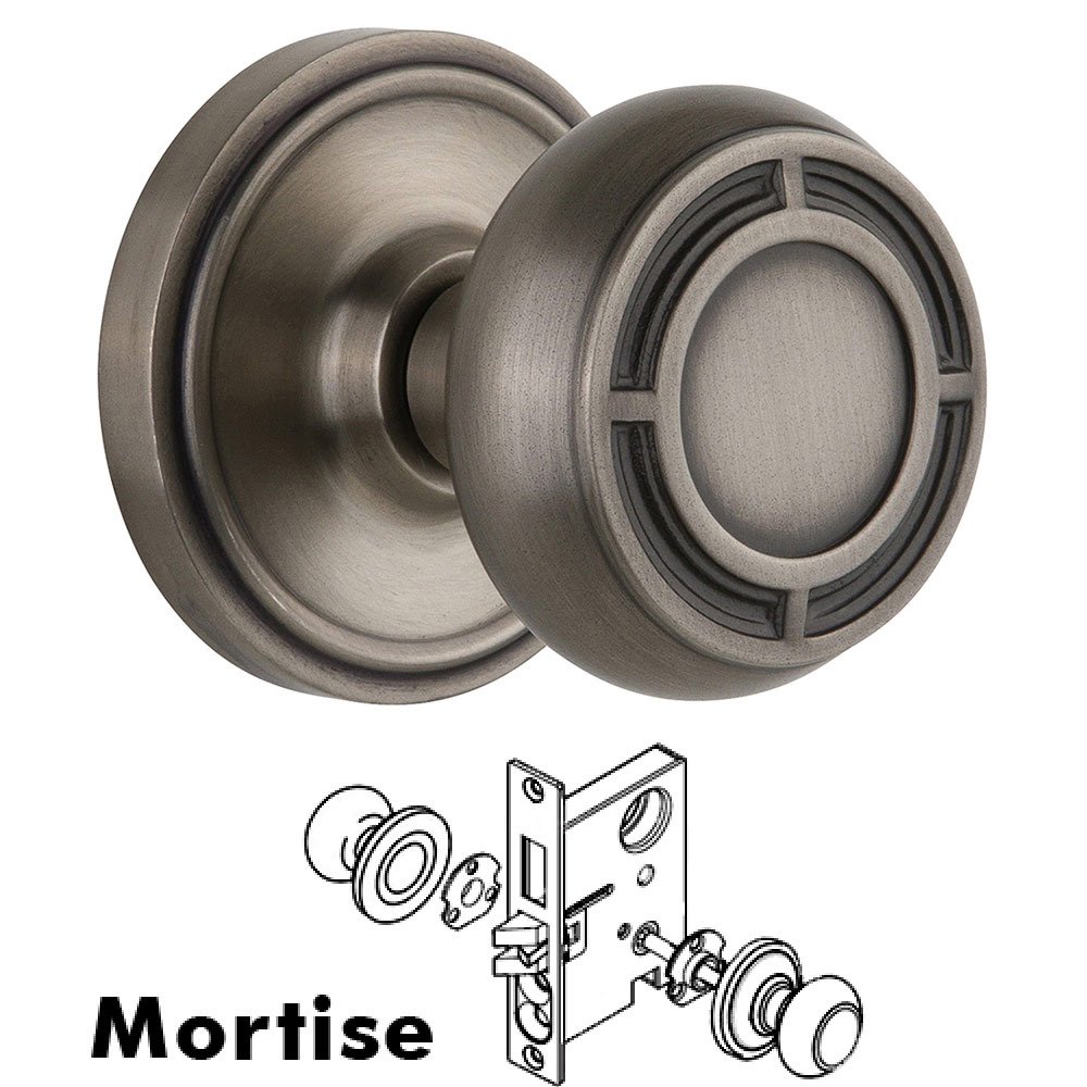 Mortise Classic Rosette with Mission Knob and Keyhole in Antique Pewter
