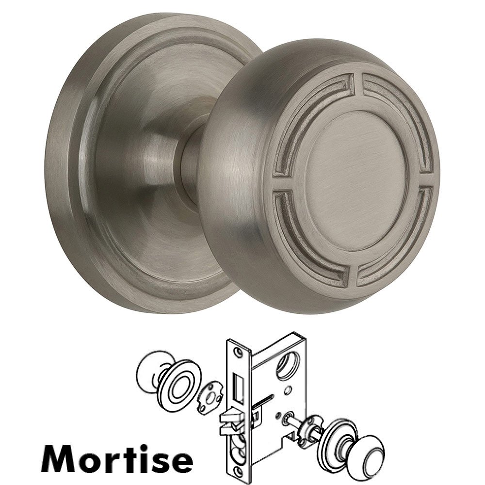 Mortise Classic Rosette with Mission Knob and Keyhole in Satin Nickel