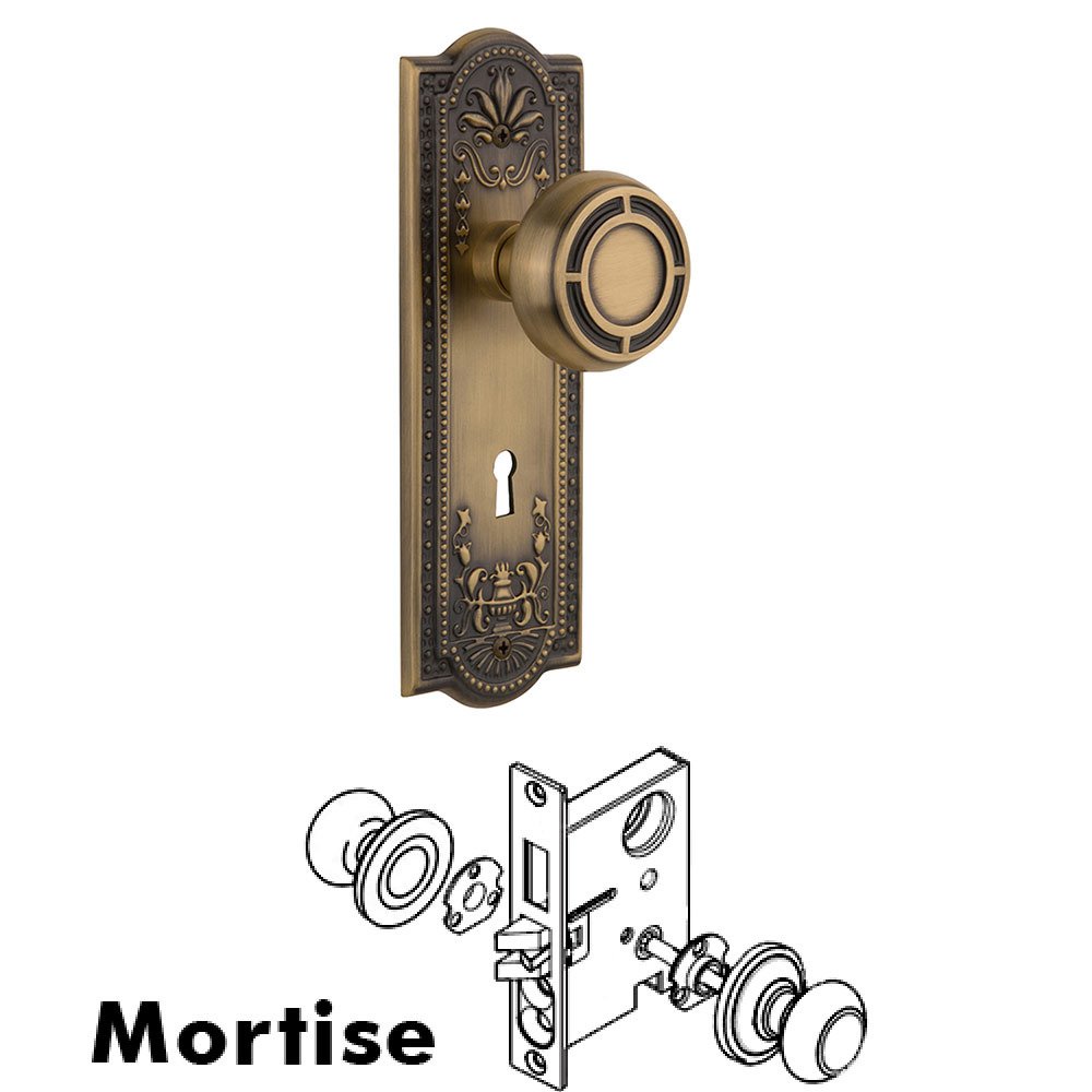 Mortise Meadows Plate with Mission Knob and Keyhole in Antique Brass