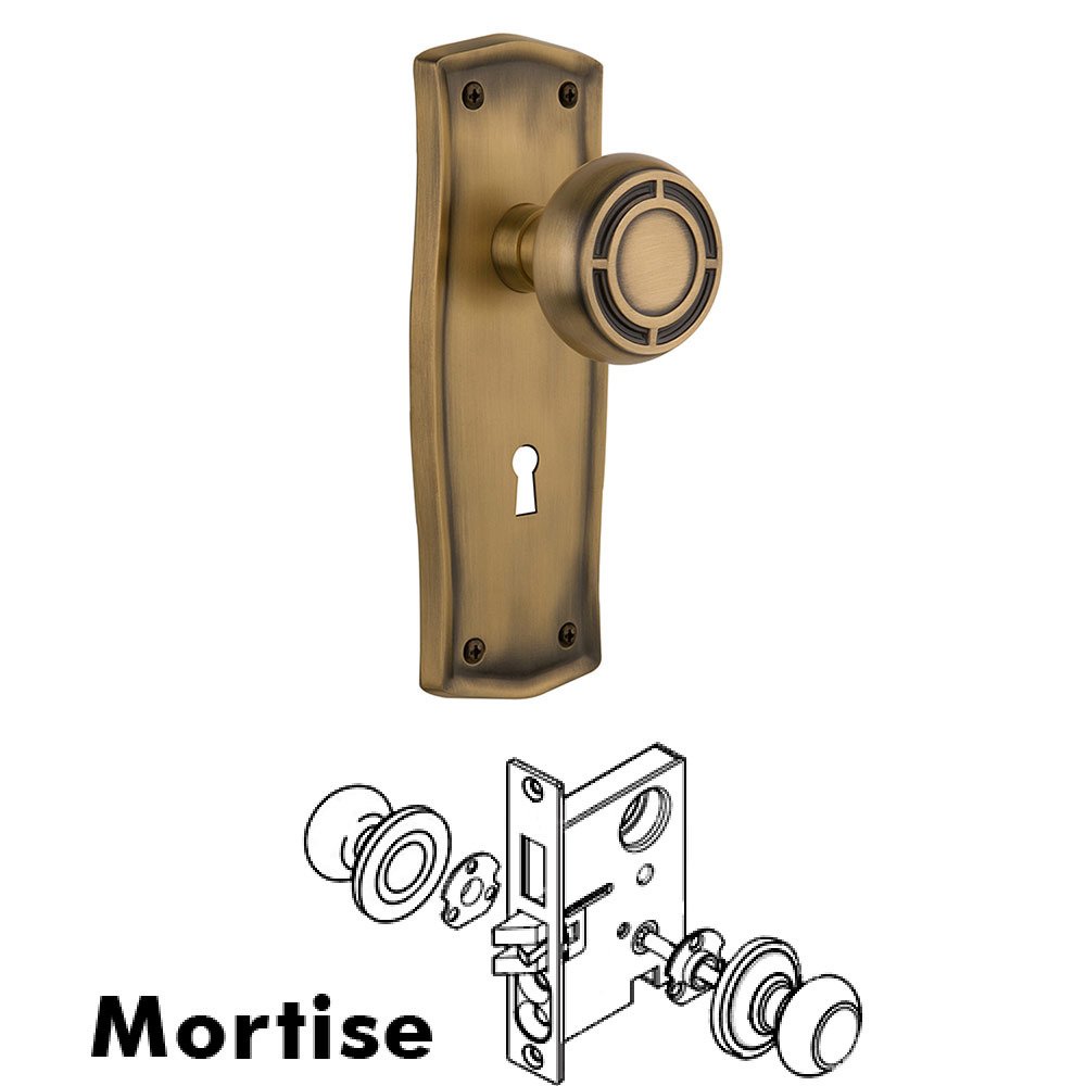 Mortise Prairie Plate with Mission Knob and Keyhole in Antique Brass