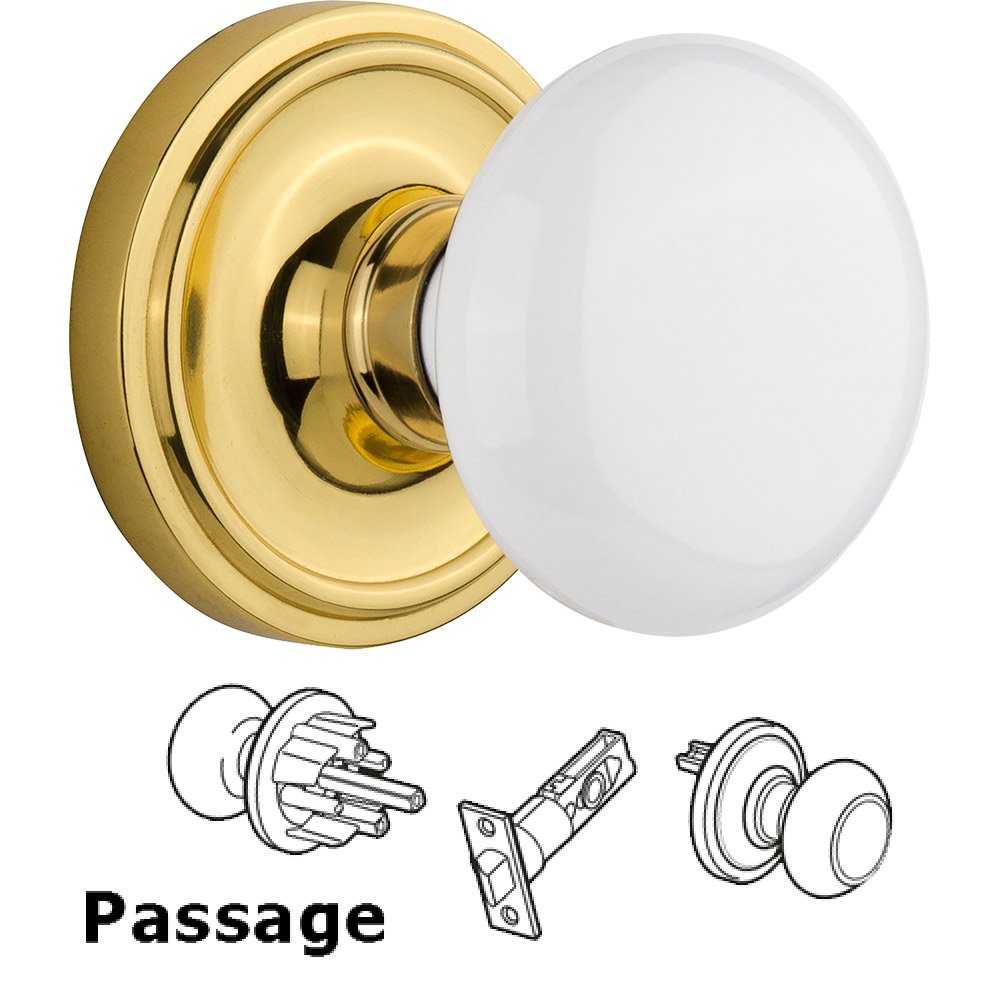 Passage Classic Rosette with White Porcelain Knob in Unlacquered Brass