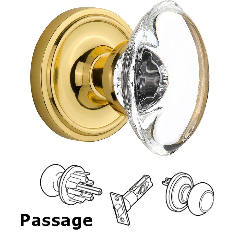 Passage Classic Rosette with Oval Clear Crystal Knob in Unlacquered Brass