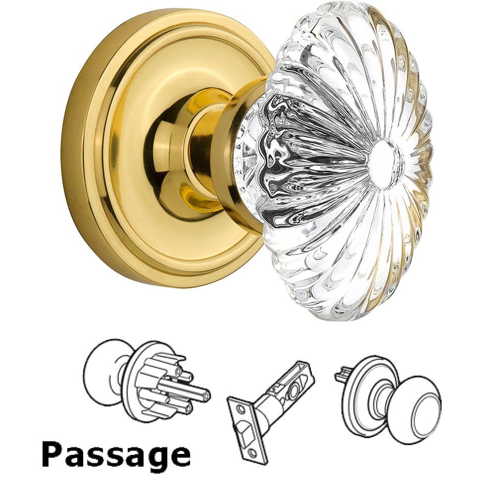 Passage Classic Rosette with Oval Fluted Crystal Knob in Unlacquered Brass