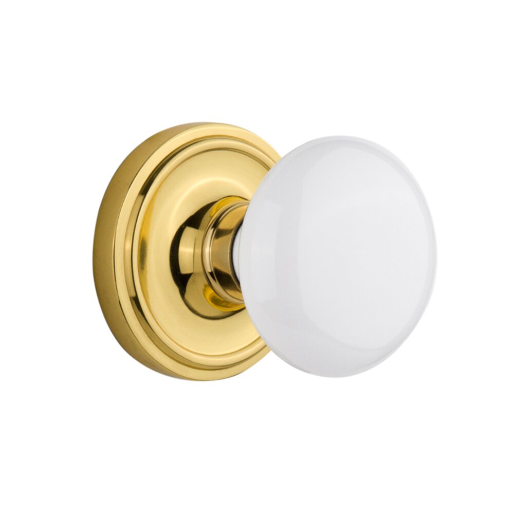 Single Dummy Classic Rosette with White Porcelain Knob in Unlacquered Brass