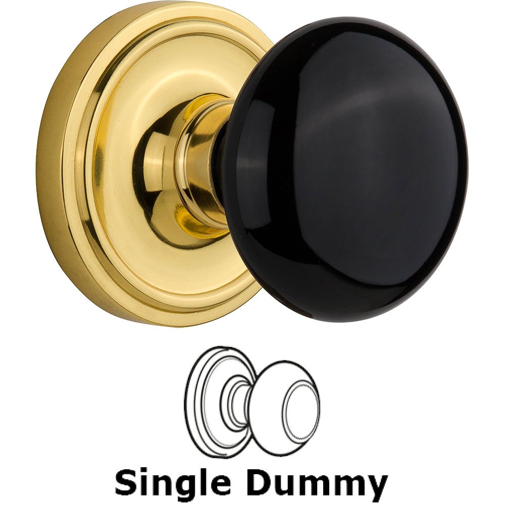 Single Dummy Classic Rosette with Black Porcelain Knob in Unlacquered Brass