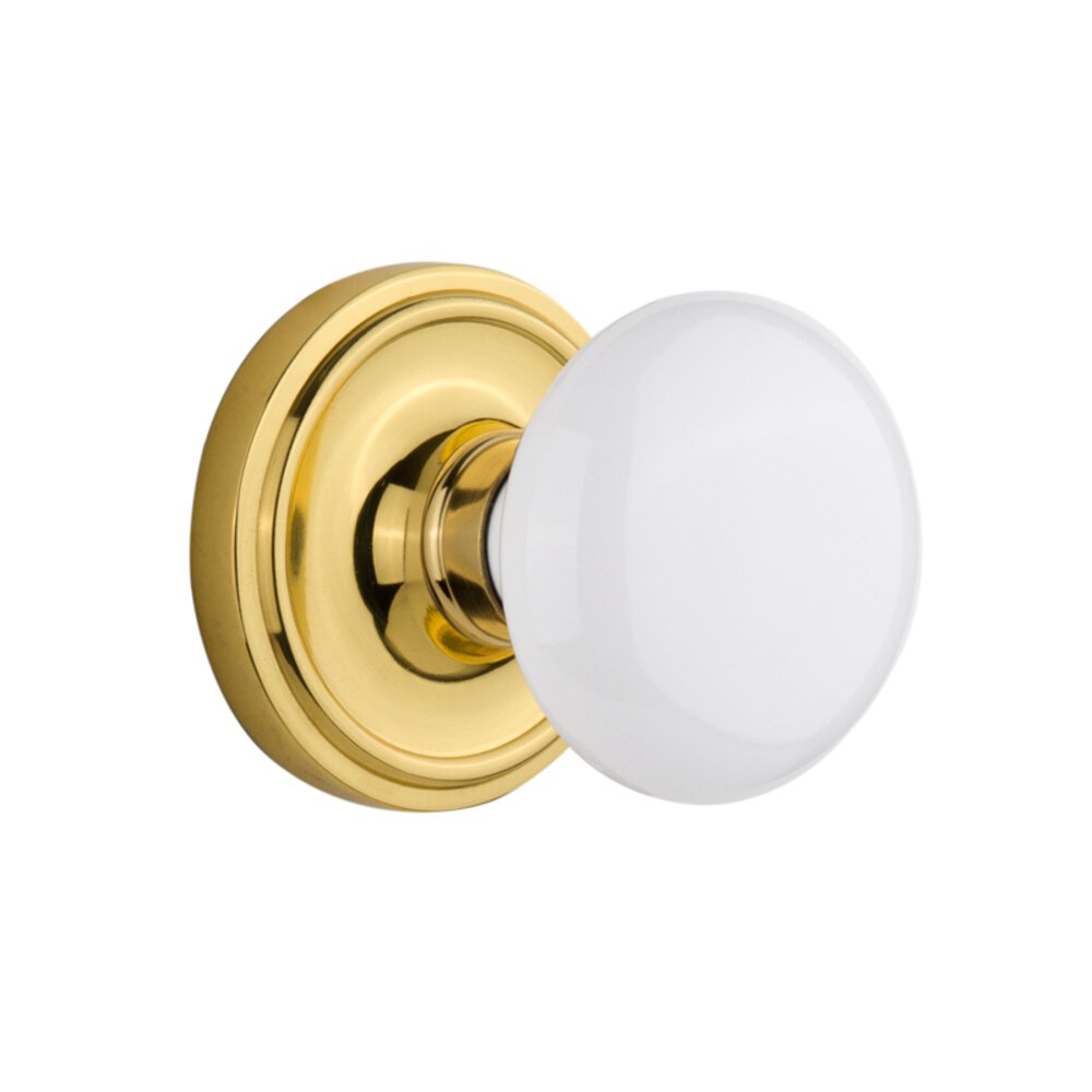 Privacy Classic Rosette with White Porcelain Knob in Unlacquered Brass