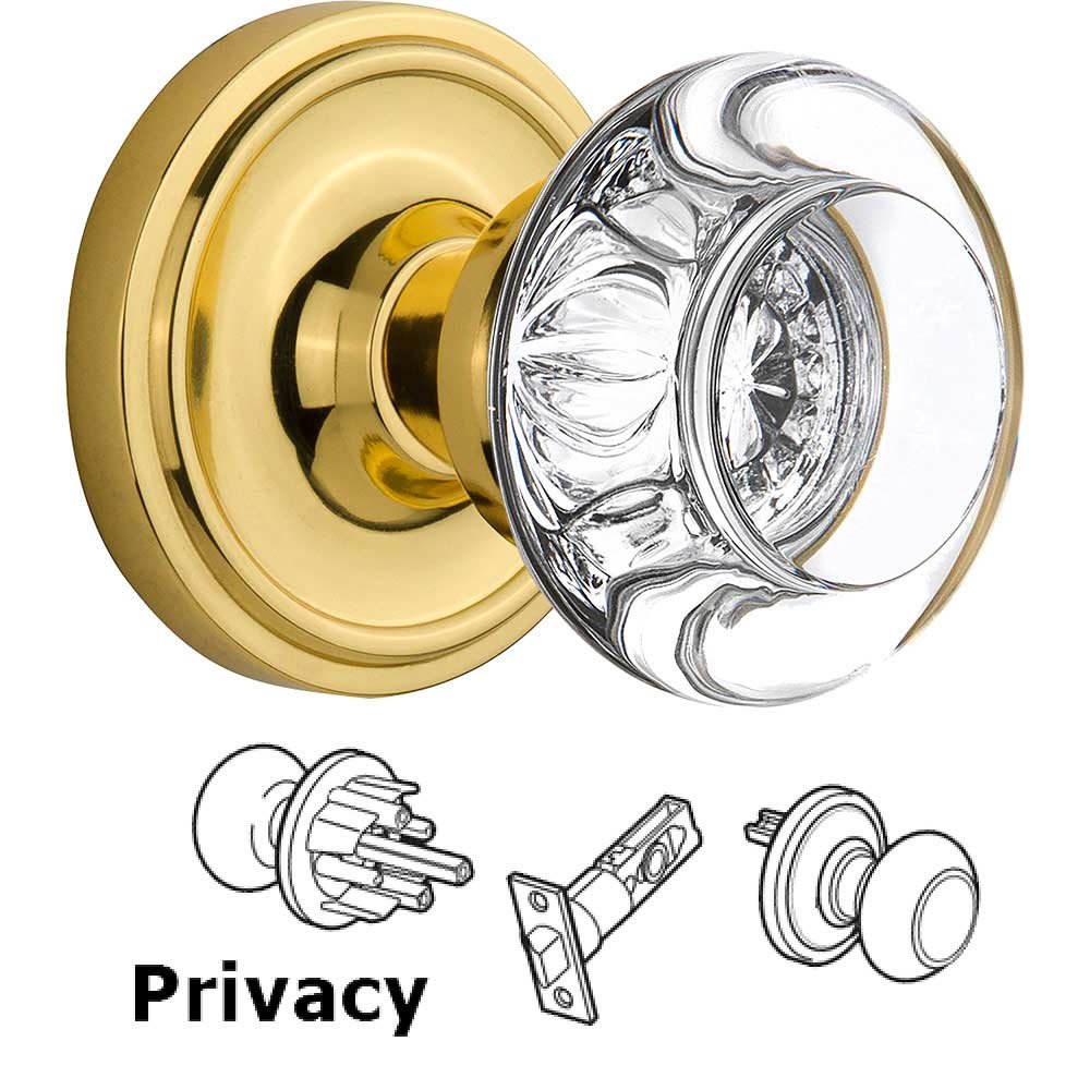 Privacy Classic Rosette with Round Clear Crystal Knob in Unlacquered Brass