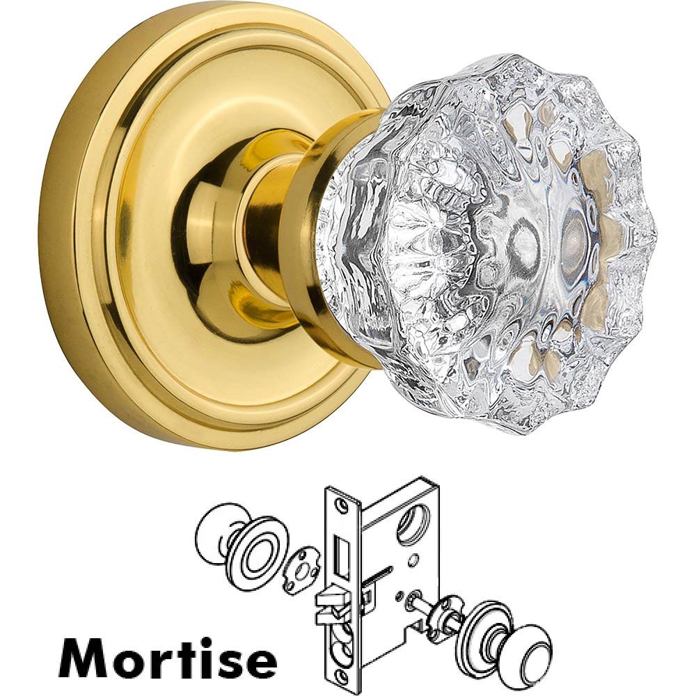 Mortise Classic Rosette with Crystal Knob in and Keyhole Unlacquered Brass