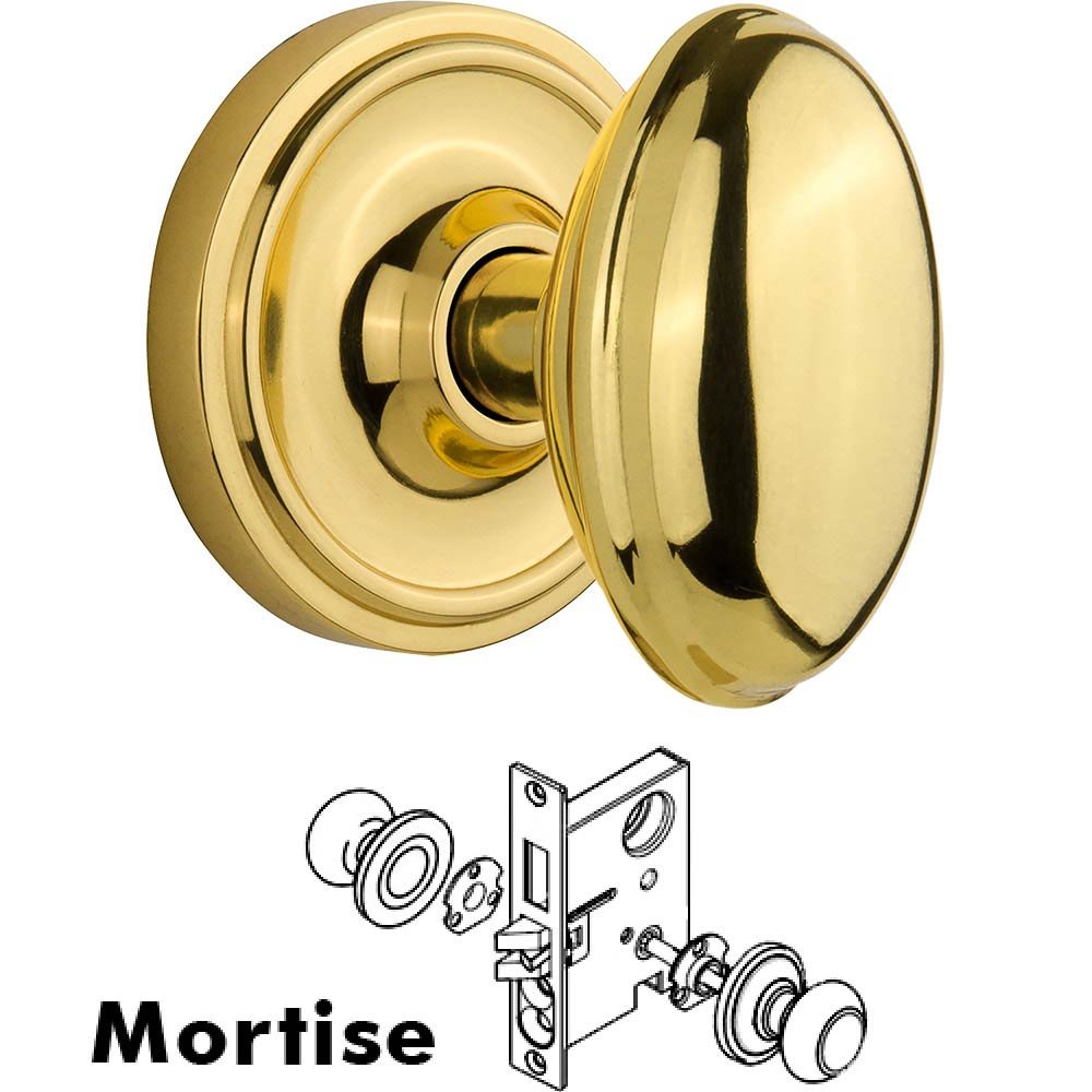 Mortise Classic Rosette with Homestead Knob and Keyhole in Unlacquered Brass