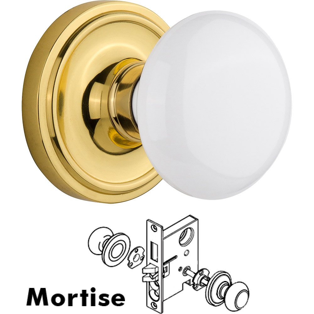 Mortise Classic Rosette with White Porcelain Knob and Keyhole in Unlacquered Brass