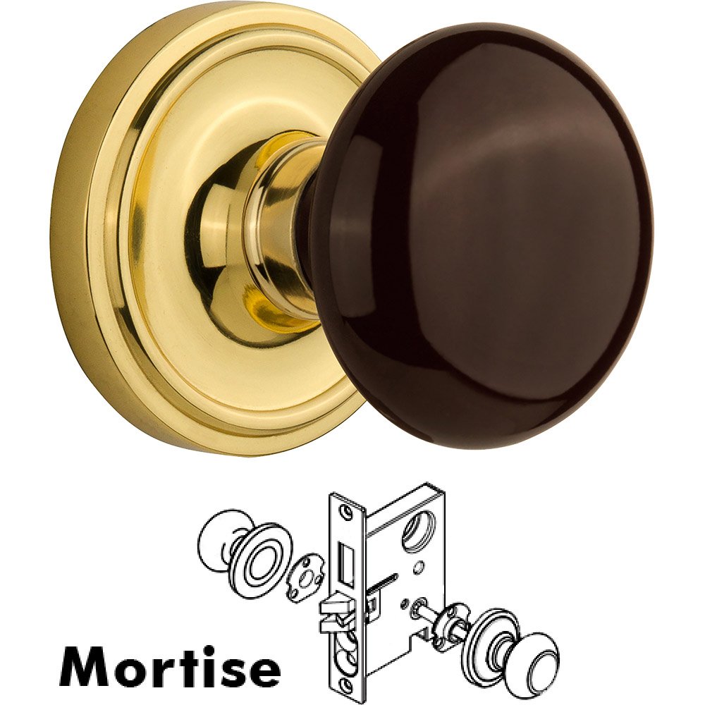 Mortise Classic Rosette with Brown Porcelain Knob and Keyhole in Unlacquered Brass