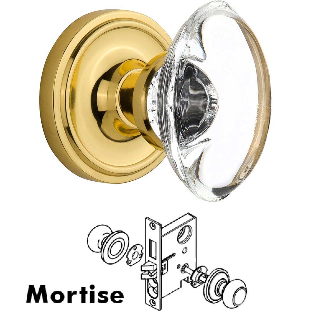 Mortise Classic Rosette with Oval Clear Crystal Knob and Keyhole in Unlacquered Brass