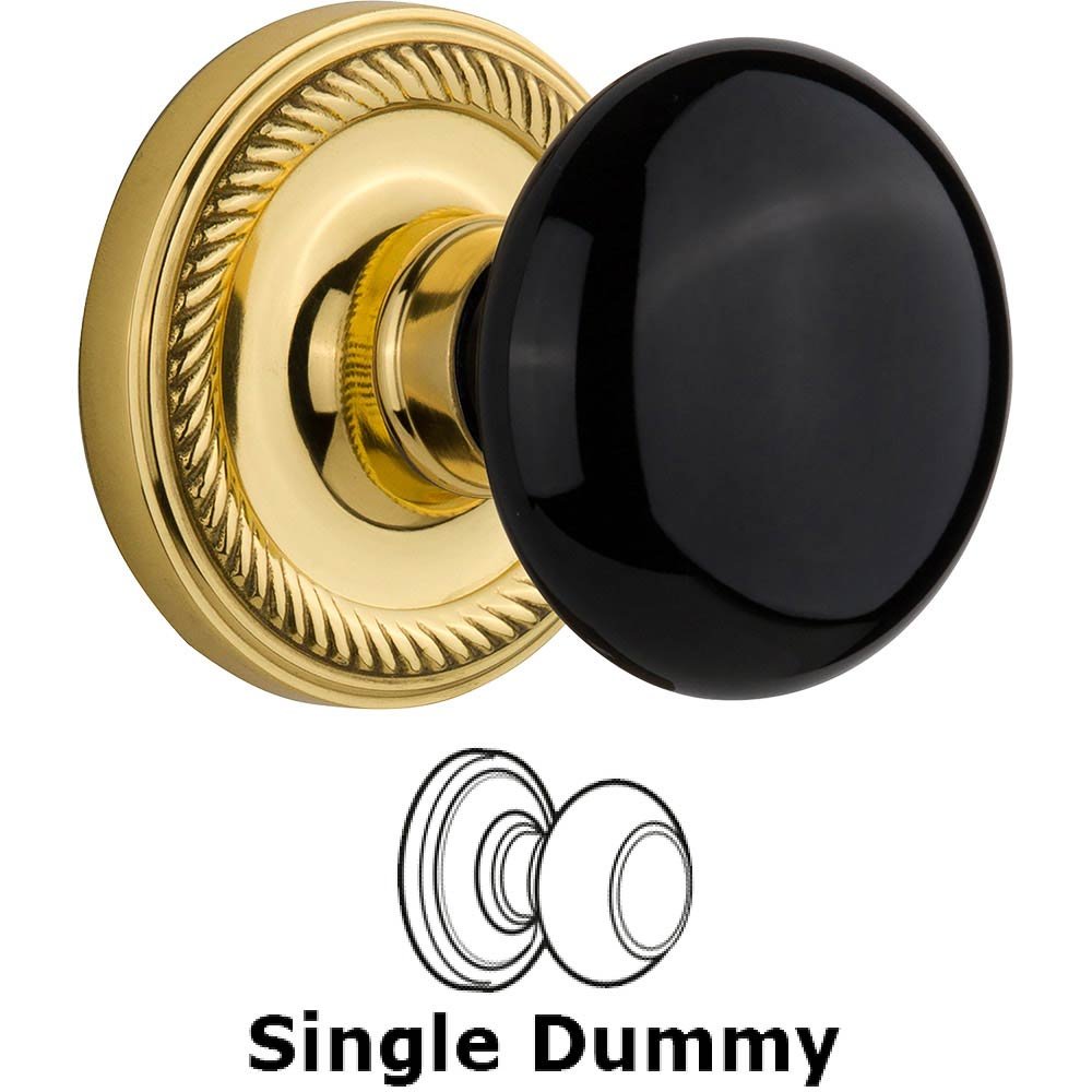 Single Dummy Rope Rosette with Black Porcelain Knob in Unlacquered Brass
